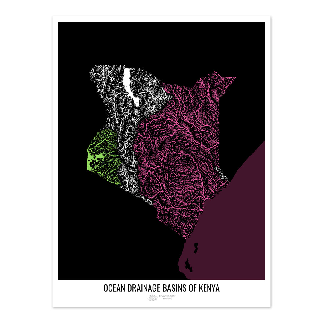 Kenia - Mapa de la cuenca hidrográfica del océano, negro v2 - Impresión de bellas artes