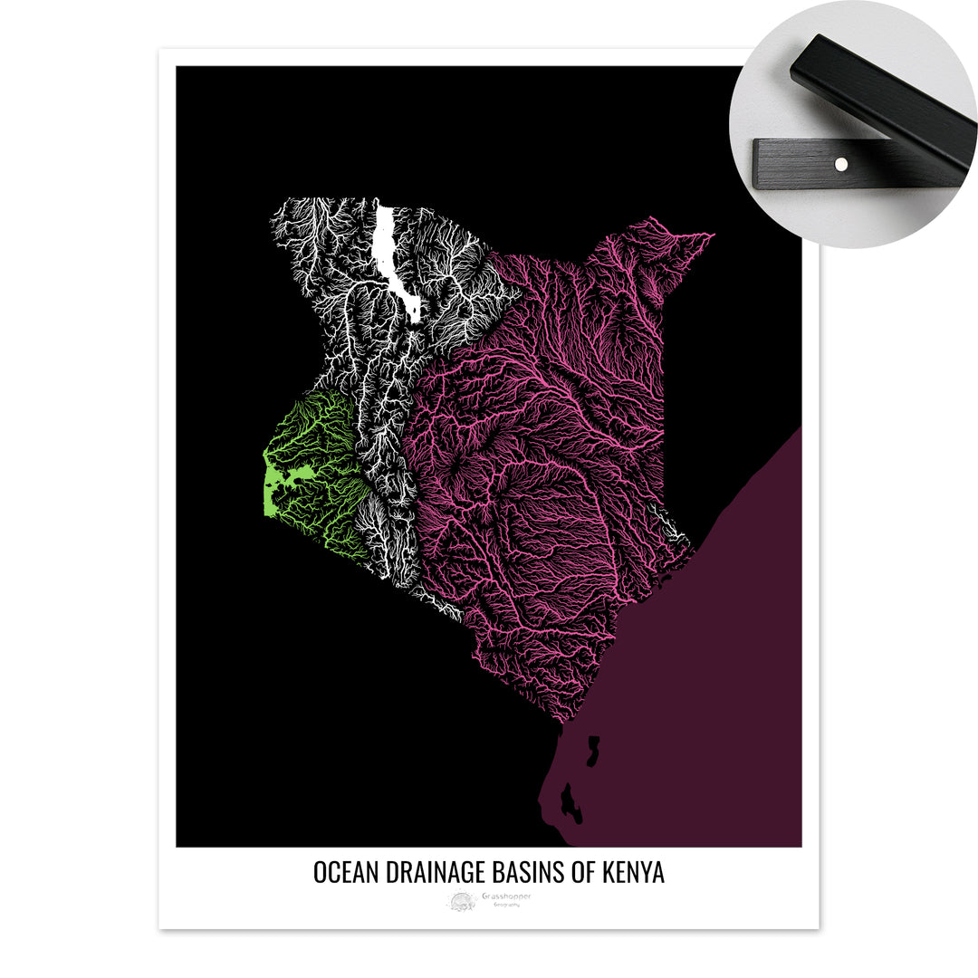 Kenia - Mapa de la cuenca hidrográfica del océano, negro v2 - Impresión artística con colgador
