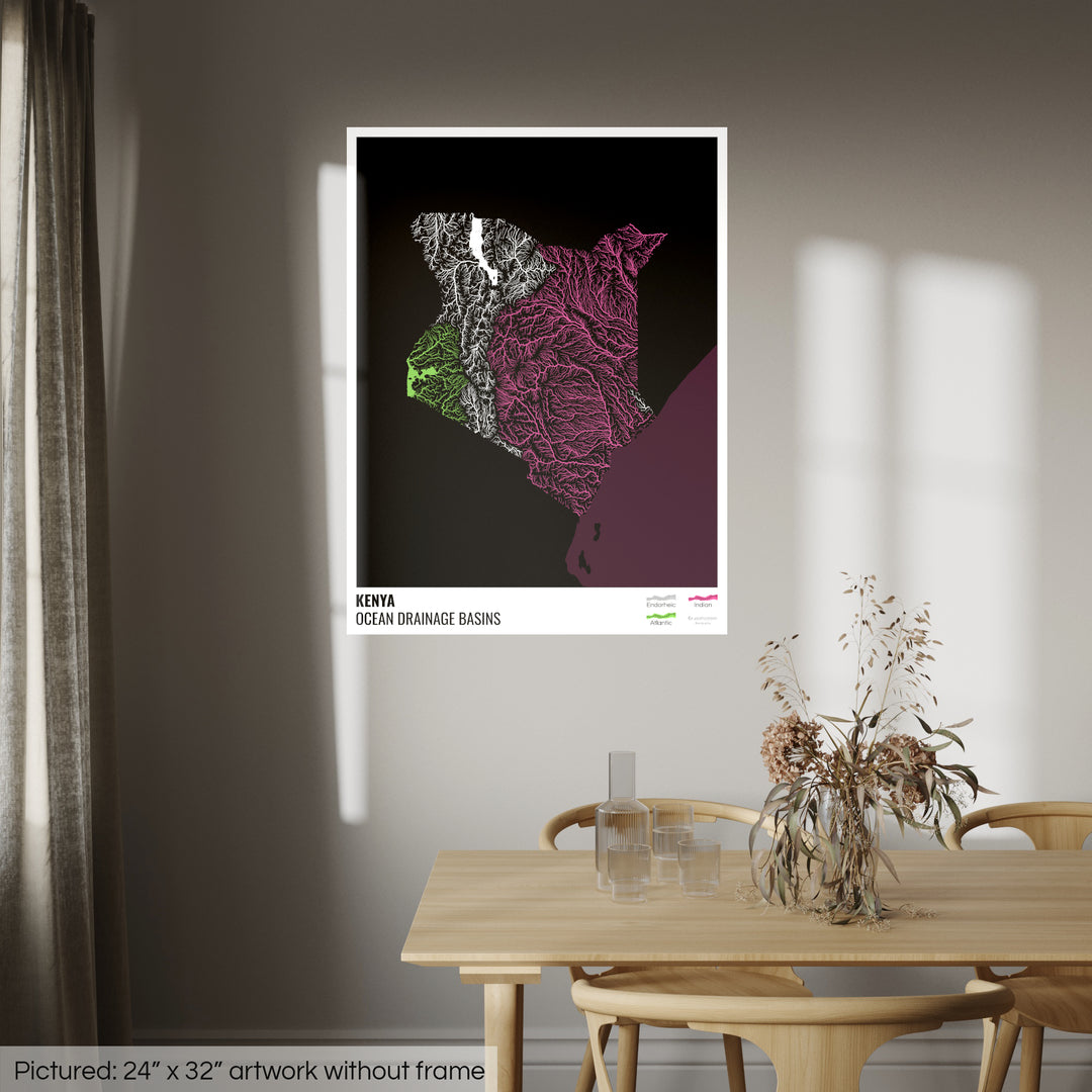 Kenya - Carte du bassin versant océanique, noire avec légende v2 - Photo Art Print