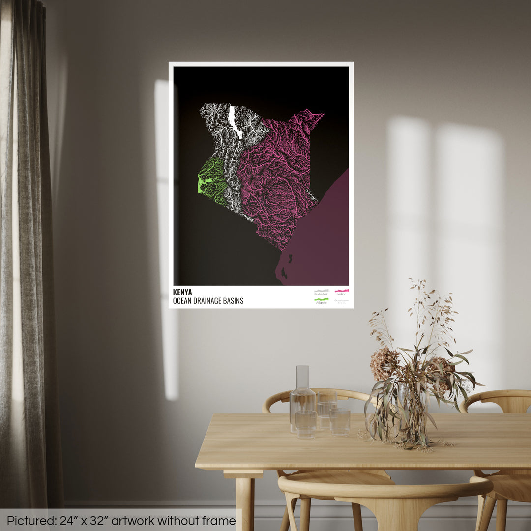 Kenya - Ocean drainage basin map, black with legend v2 - Photo Art Print