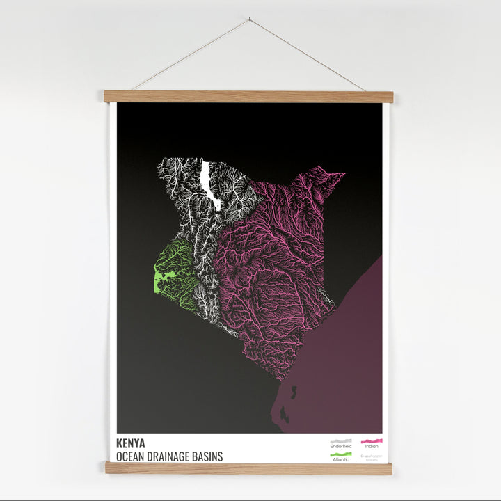 Kenya - Ocean drainage basin map, black with legend v2 - Fine Art Print with Hanger