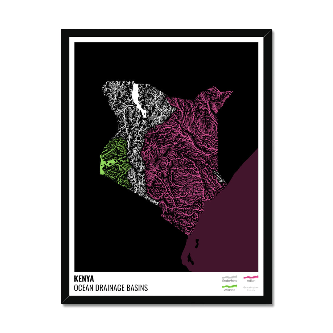 Kenya - Carte du bassin versant océanique, noire avec légende v2 - Impression encadrée