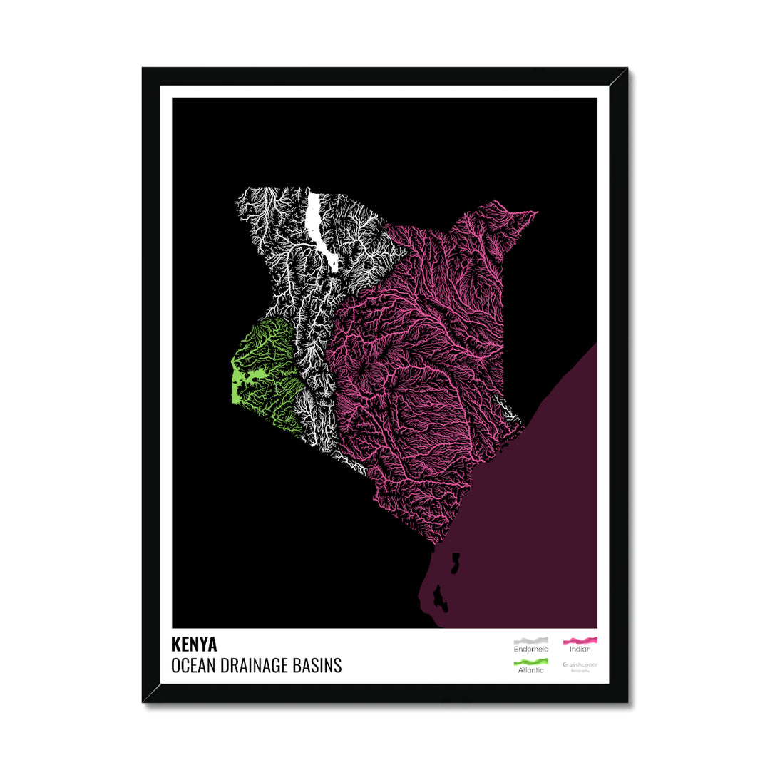 Kenya - Ocean drainage basin map, black with legend v2 - Framed Print