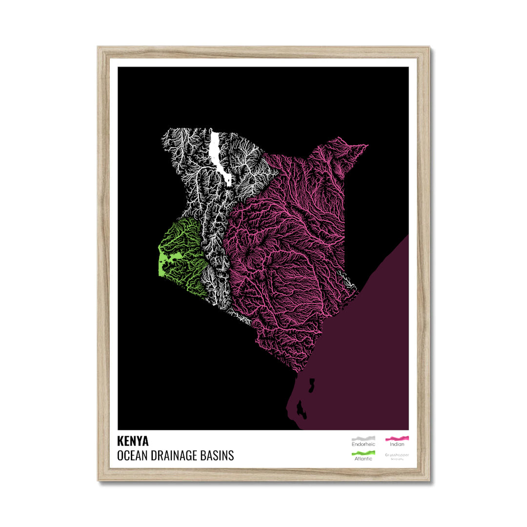 Kenya - Ocean drainage basin map, black with legend v2 - Framed Print
