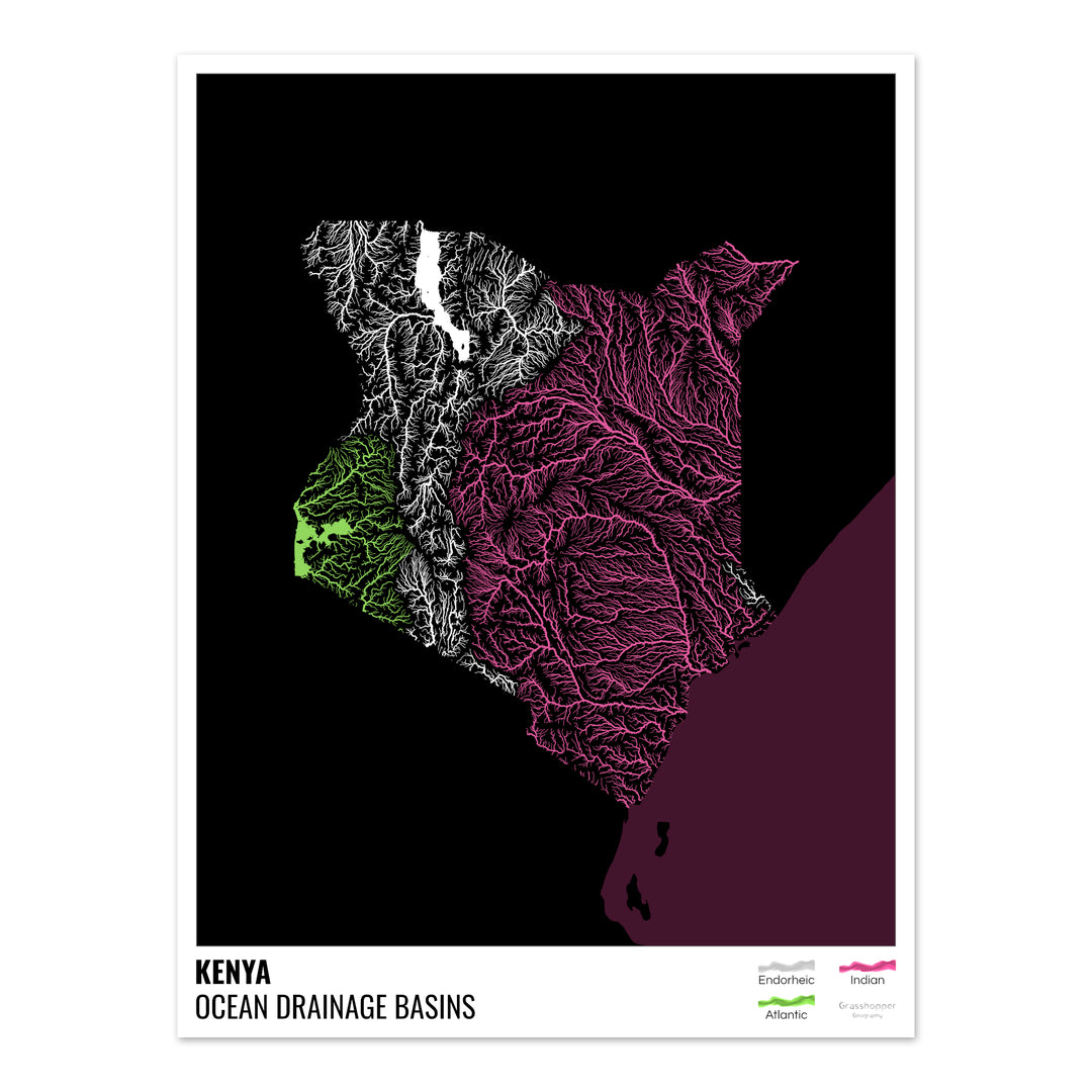 Kenia - Mapa de la cuenca hidrográfica del océano, negro con leyenda v2 - Impresión de bellas artes