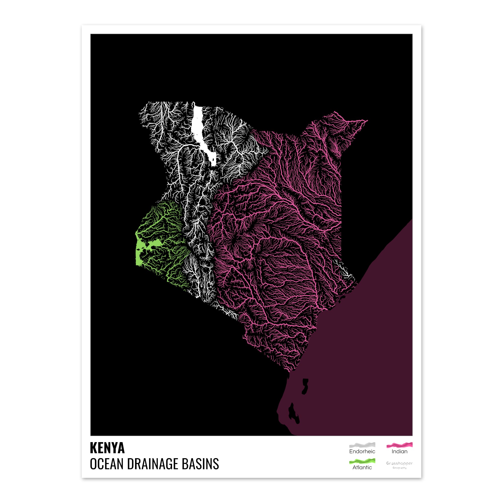 Kenya - Ocean drainage basin map, black with legend v2 - Photo Art Pri ...