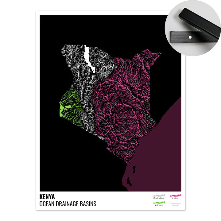 Kenya - Ocean drainage basin map, black with legend v2 - Fine Art Print with Hanger