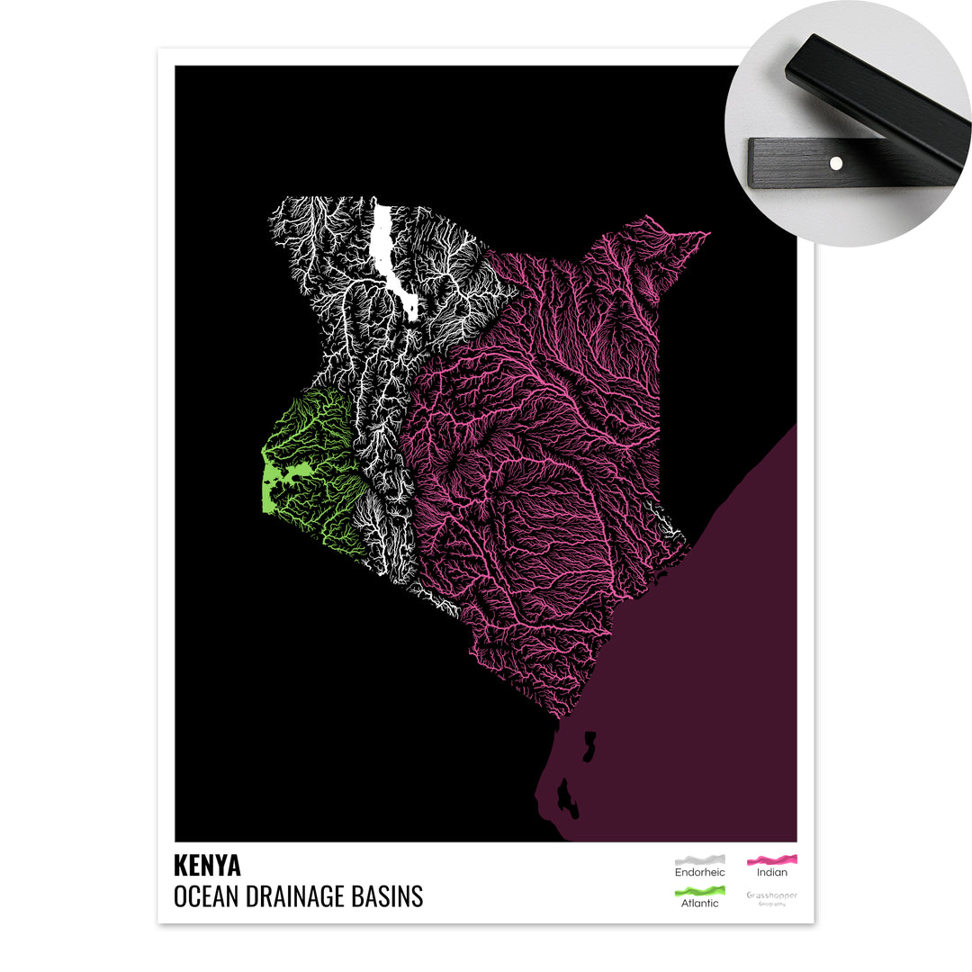 Kenia - Mapa de la cuenca hidrográfica del océano, negro con leyenda v2 - Impresión artística con colgador