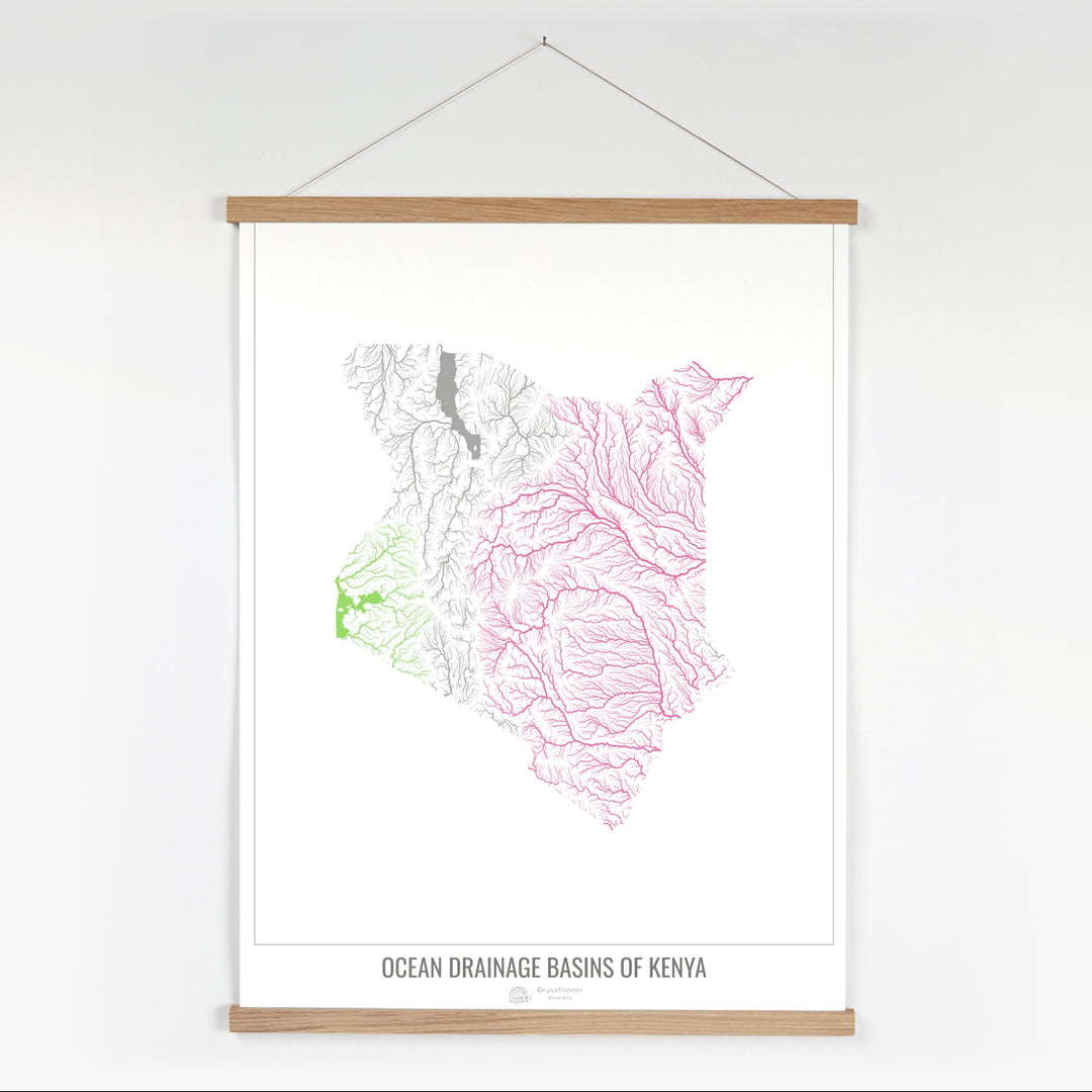Kenya - Ocean drainage basin map, white v1 - Fine Art Print with Hanger