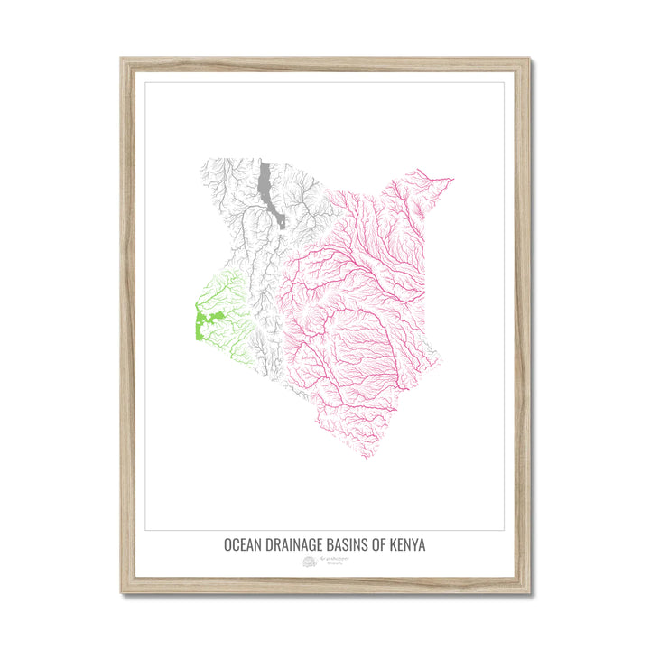 Kenya - Ocean drainage basin map, white v1 - Framed Print