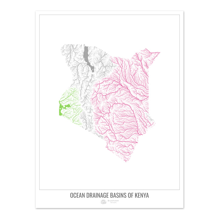 Kenya - Carte des bassins hydrographiques océaniques, blanc v1 - Tirage photo artistique