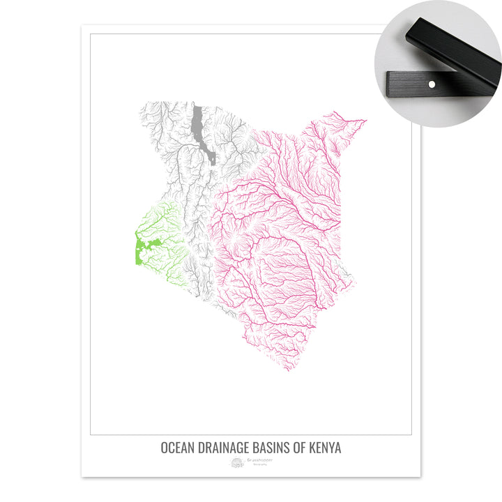 Kenia - Mapa de la cuenca hidrográfica del océano, blanco v1 - Impresión artística con colgador