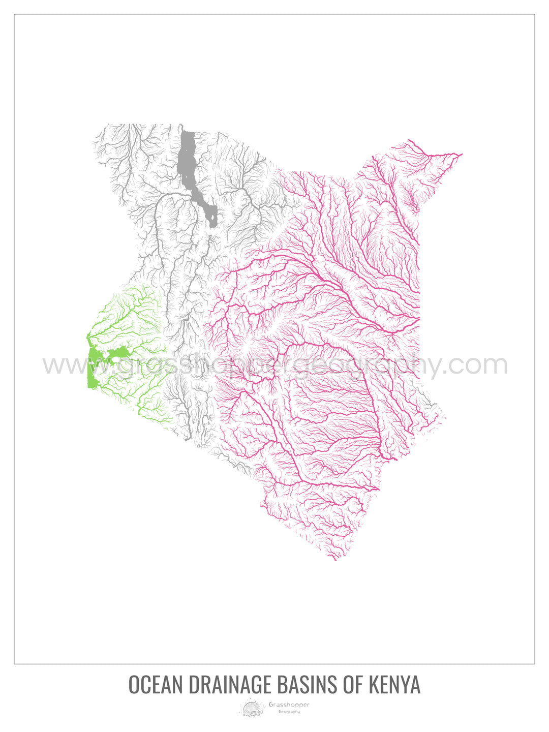 Kenia - Mapa de la cuenca hidrográfica del océano, blanco v1 - Impresión de bellas artes