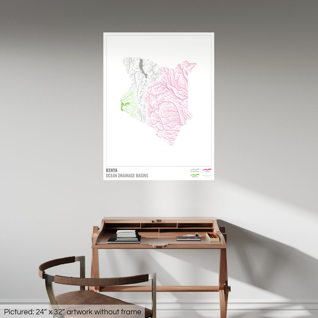 Kenya - Carte des bassins hydrographiques océaniques, blanche avec légende v1 - Fine Art Print