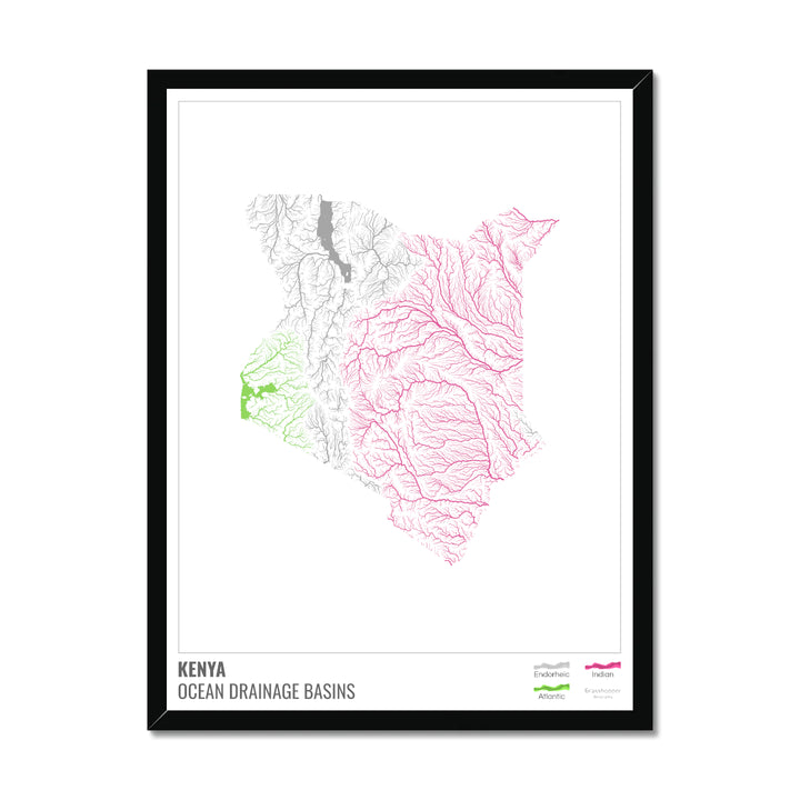Kenya - Ocean drainage basin map, white with legend v1 - Framed Print
