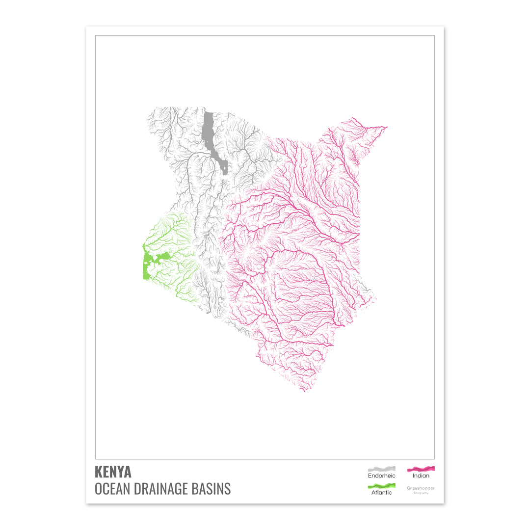 Kenia - Mapa de la cuenca hidrográfica del océano, blanco con leyenda v1 - Impresión de bellas artes