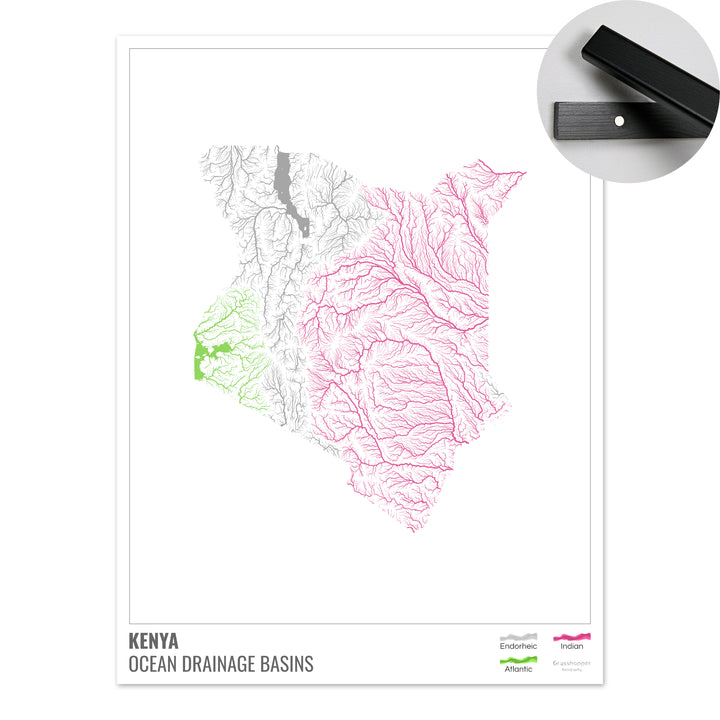 Kenia - Mapa de la cuenca hidrográfica del océano, blanco con leyenda v1 - Impresión artística con colgador