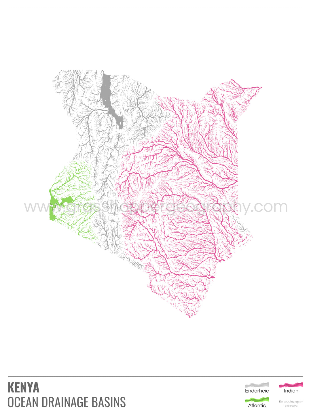 Kenya - Ocean drainage basin map, white with legend v1 - Fine Art Print