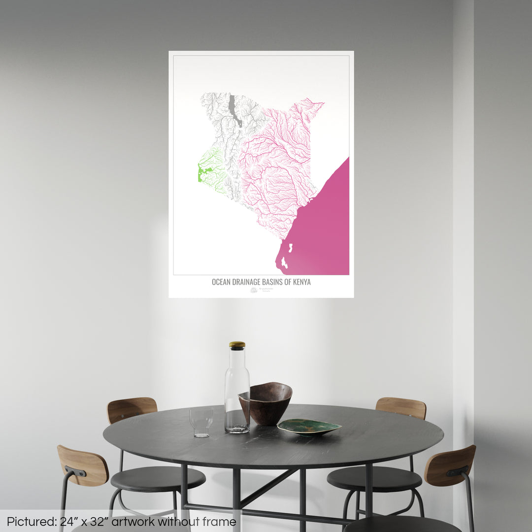 Kenya - Carte des bassins hydrographiques océaniques, blanc v2 - Fine Art Print