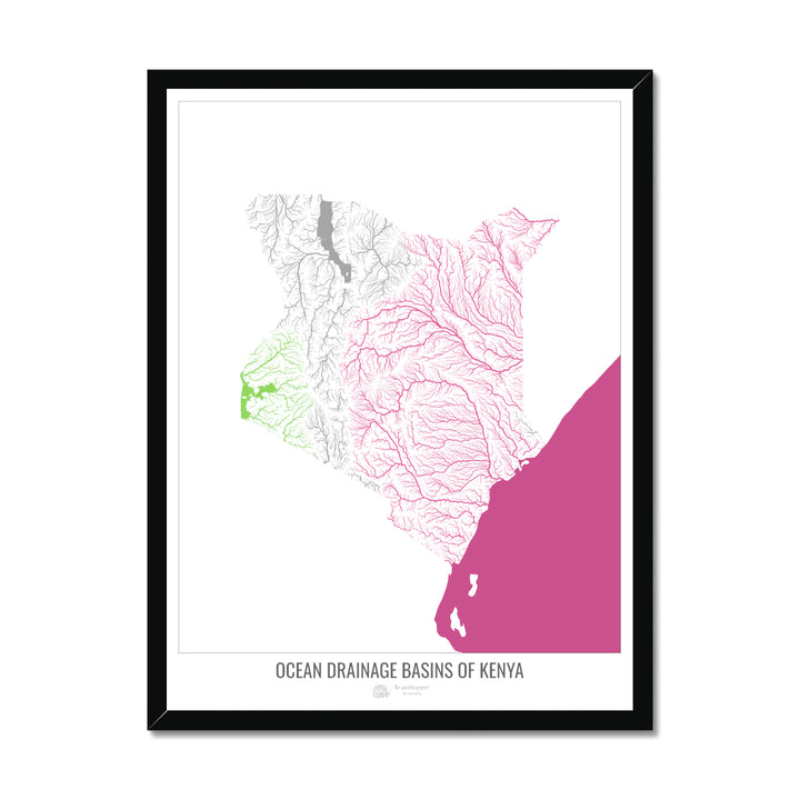 Kenya - Ocean drainage basin map, white v2 - Framed Print