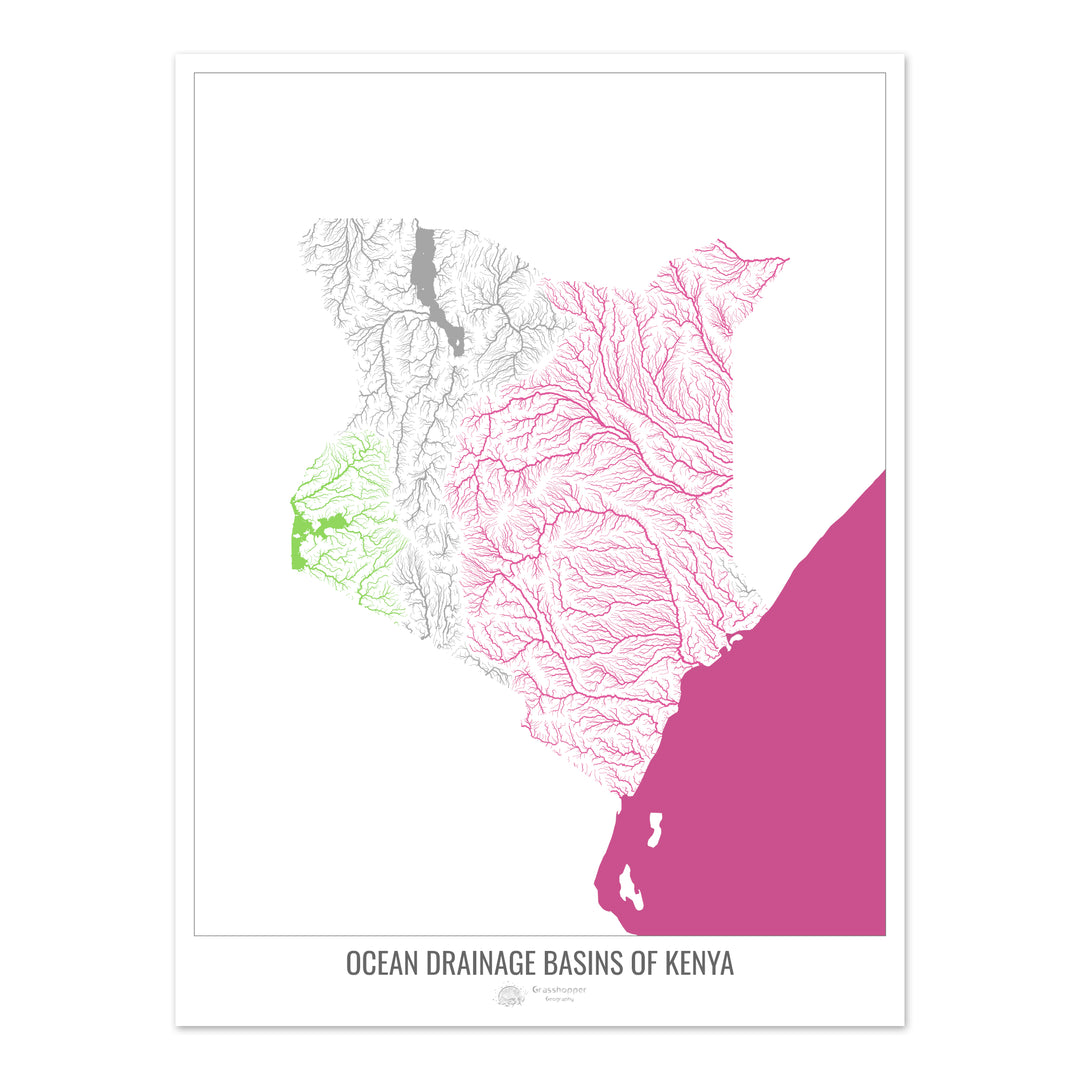 Kenya - Carte des bassins hydrographiques océaniques, blanc v2 - Fine Art Print