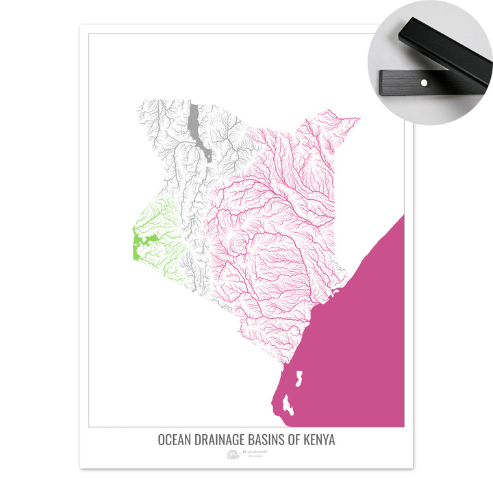 Kenia - Mapa de la cuenca hidrográfica del océano, blanco v2 - Impresión artística con colgador