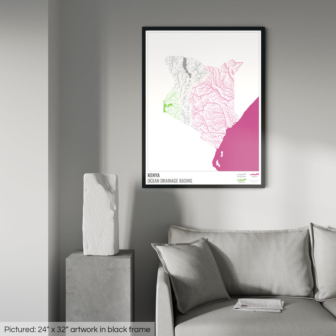Kenya - Ocean drainage basin map, white with legend v2 - Framed Print