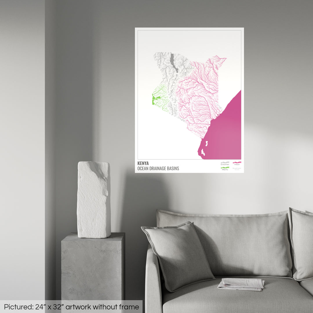 Kenia - Mapa de la cuenca hidrográfica del océano, blanco con leyenda v2 - Impresión de bellas artes