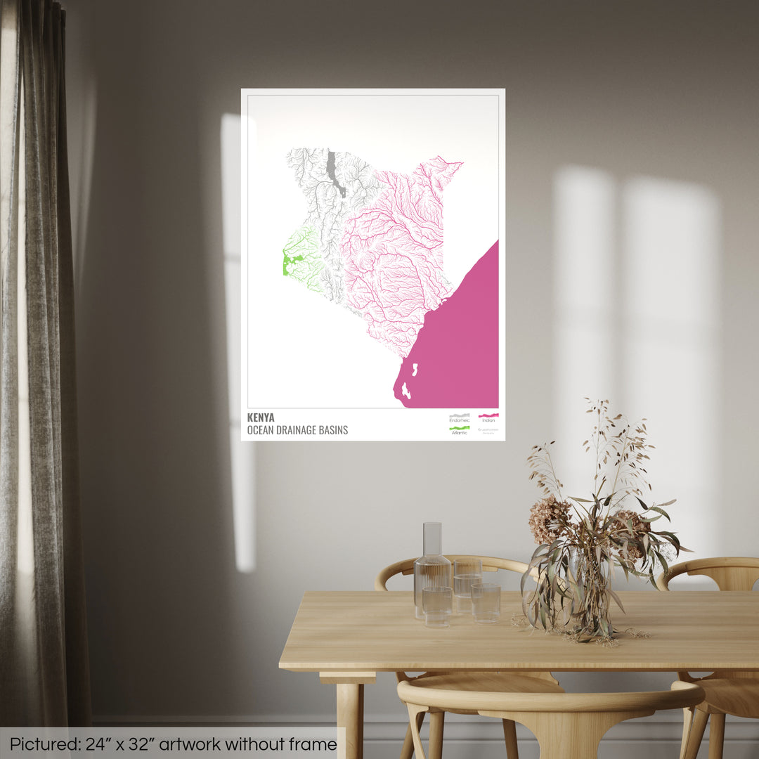 Kenya - Ocean drainage basin map, white with legend v2 - Photo Art Print