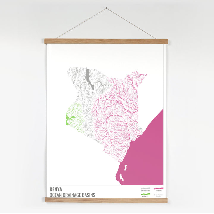 Kenia - Mapa de la cuenca hidrográfica del océano, blanco con leyenda v2 - Impresión artística con colgador