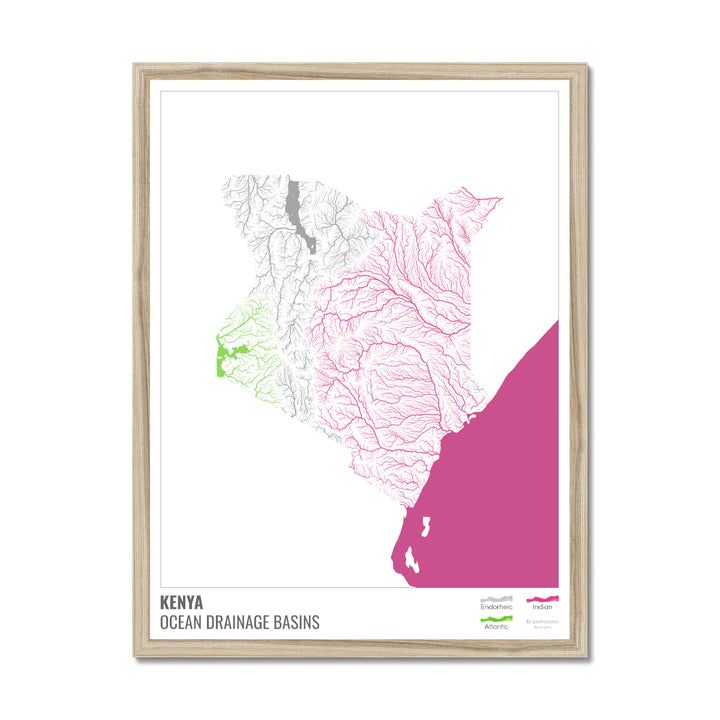 Kenia - Mapa de la cuenca hidrográfica del océano, blanco con leyenda v2 - Lámina enmarcada