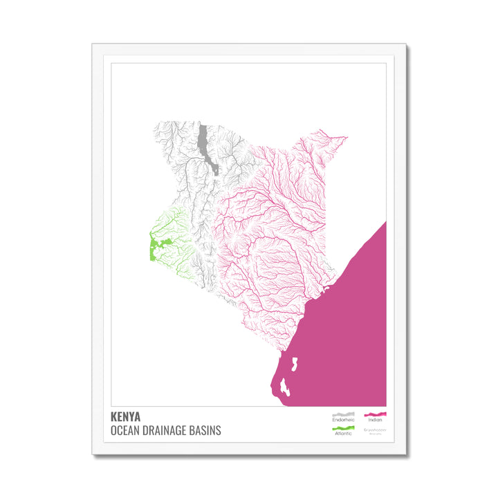 Kenya - Ocean drainage basin map, white with legend v2 - Framed Print