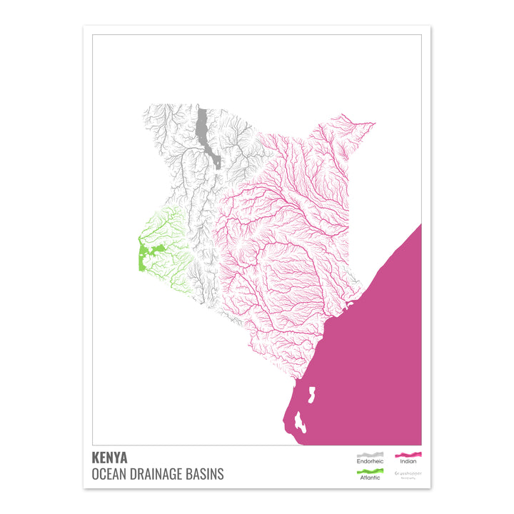 Kenia - Mapa de la cuenca hidrográfica del océano, blanco con leyenda v2 - Impresión de bellas artes