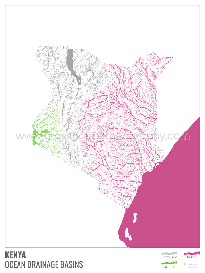 Kenia - Mapa de la cuenca hidrográfica del océano, blanco con leyenda v2 - Impresión de bellas artes