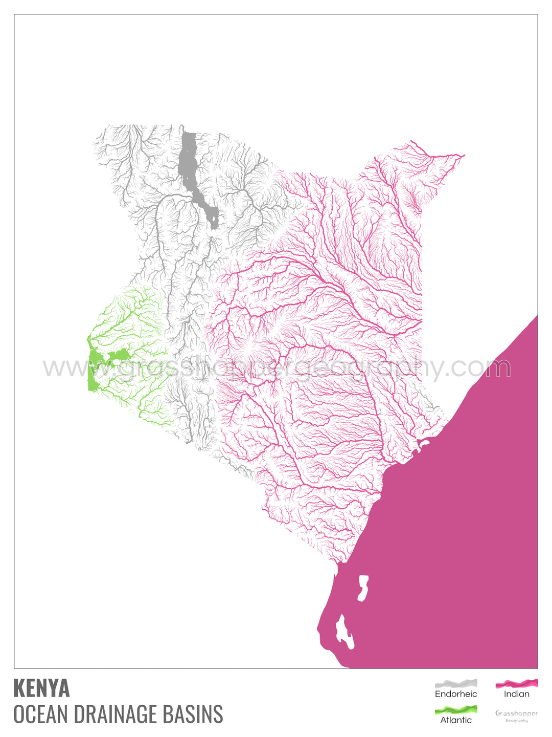 Kenya - Carte du bassin versant océanique, blanche avec légende v2 - Tirage photo artistique