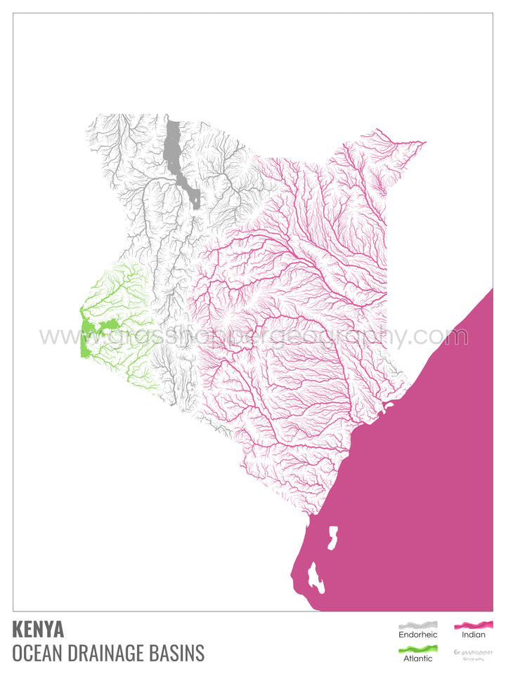 Kenya - Ocean drainage basin map, white with legend v2 - Photo Art Print