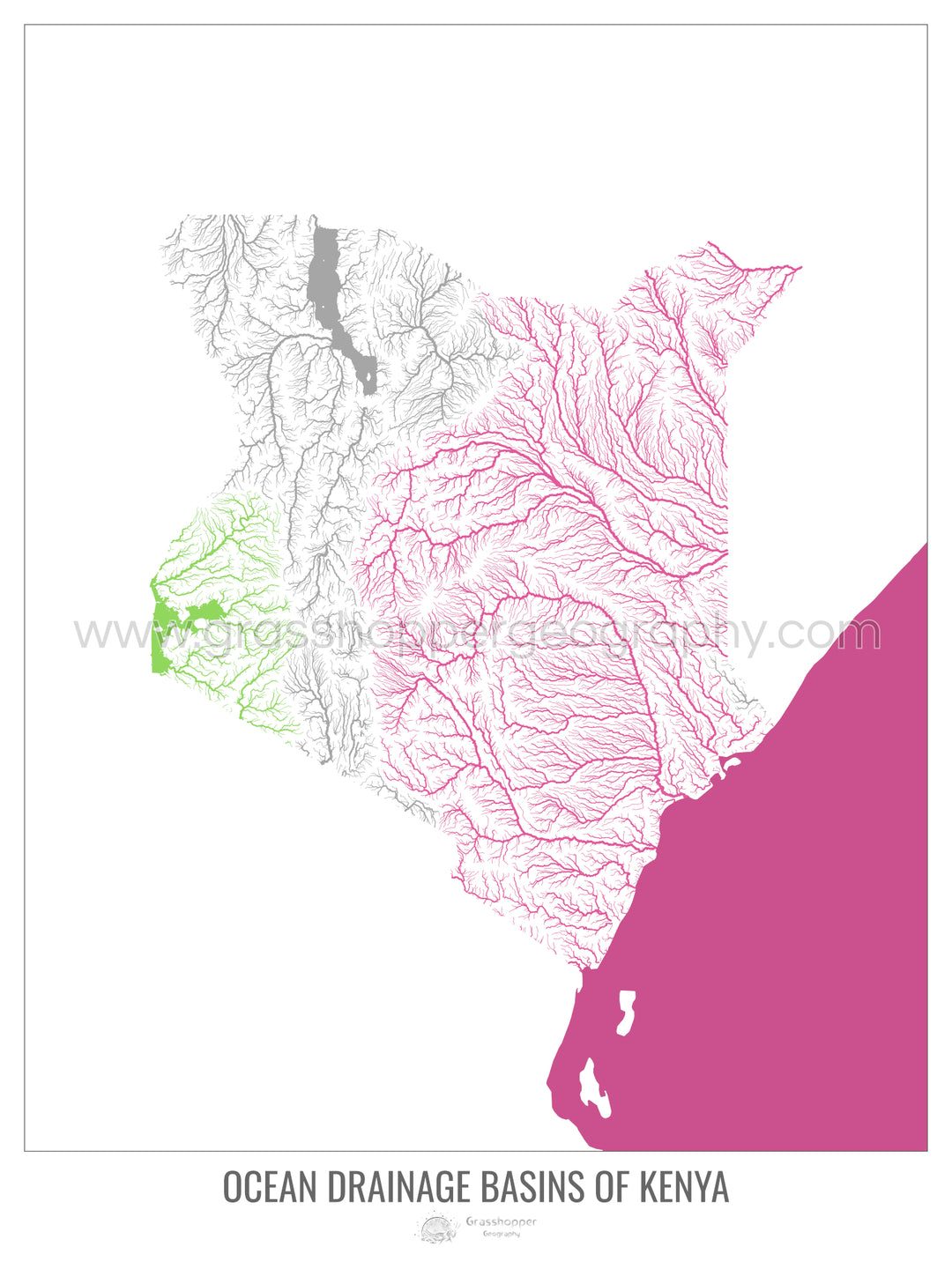 Kenia - Mapa de la cuenca hidrográfica del océano, blanco v2 - Impresión de bellas artes