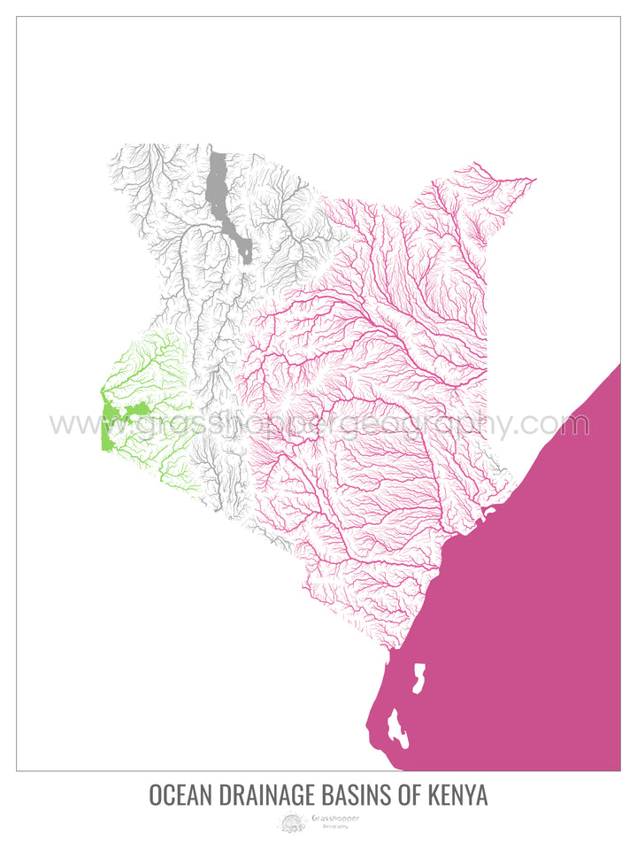 Kenya - Carte des bassins hydrographiques océaniques, blanc v2 - Fine Art Print