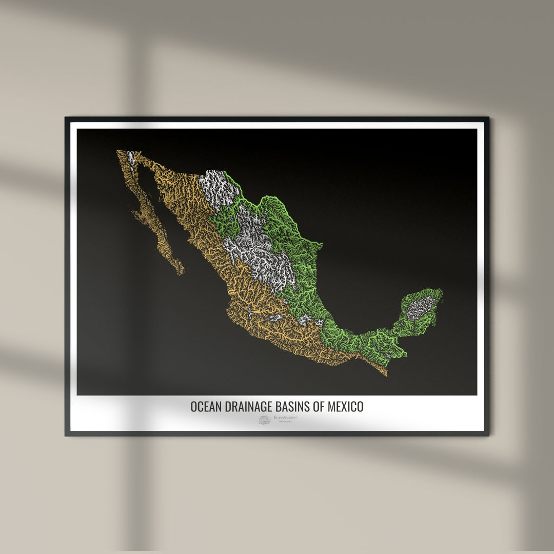 Mexique - Carte des bassins hydrographiques océaniques, noir v1 - Tirage photo artistique