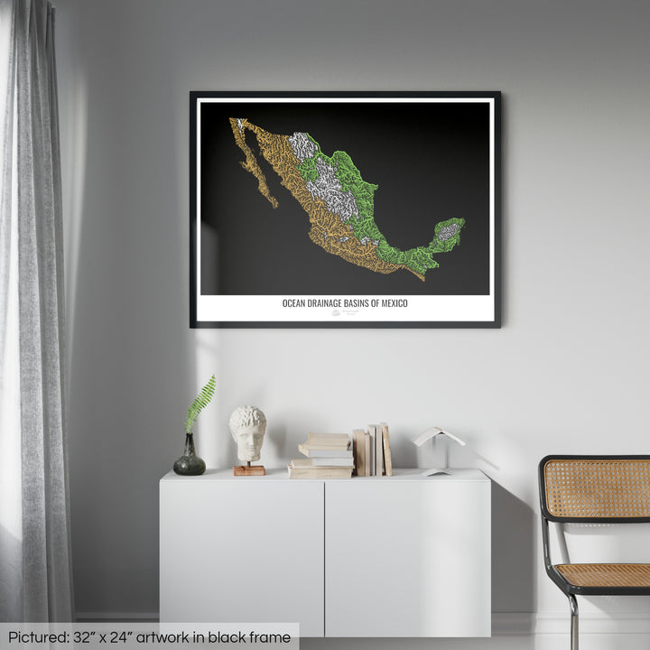 Mexico - Ocean drainage basin map, black v1 - Framed Print
