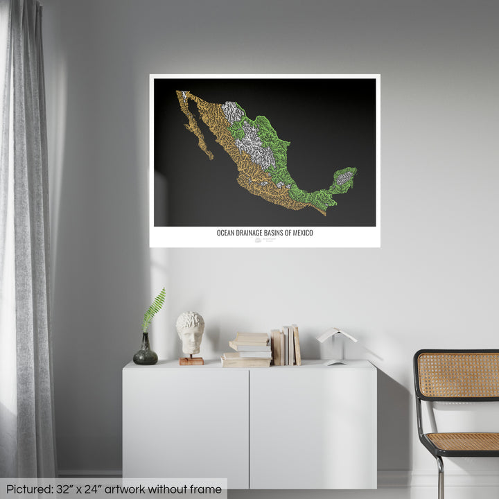 Mexique - Carte des bassins hydrographiques océaniques, noir v1 - Tirage photo artistique