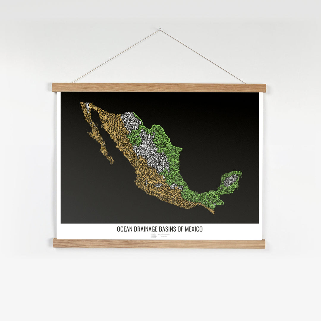 Mexico - Ocean drainage basin map, black v1 - Fine Art Print with Hanger