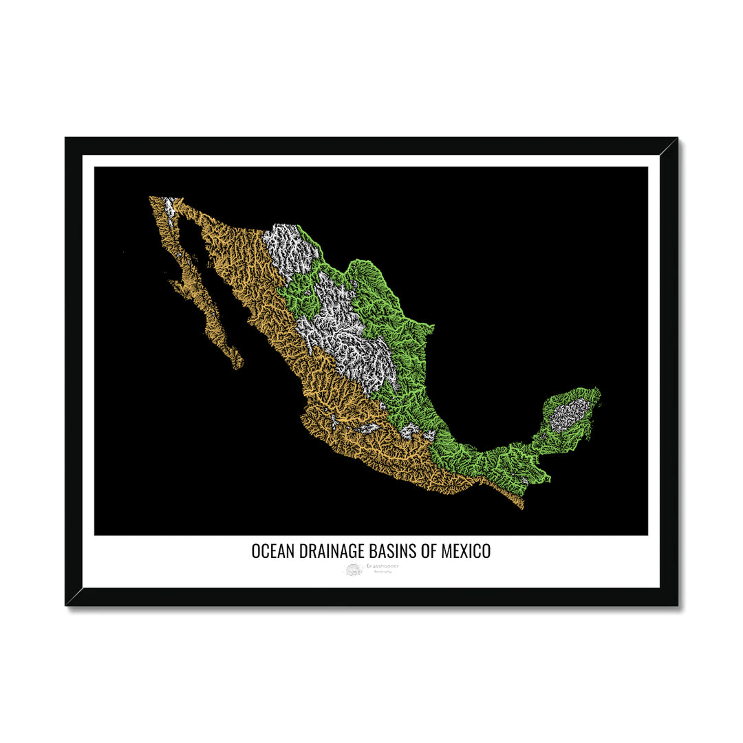 Mexico - Ocean drainage basin map, black v1 - Framed Print