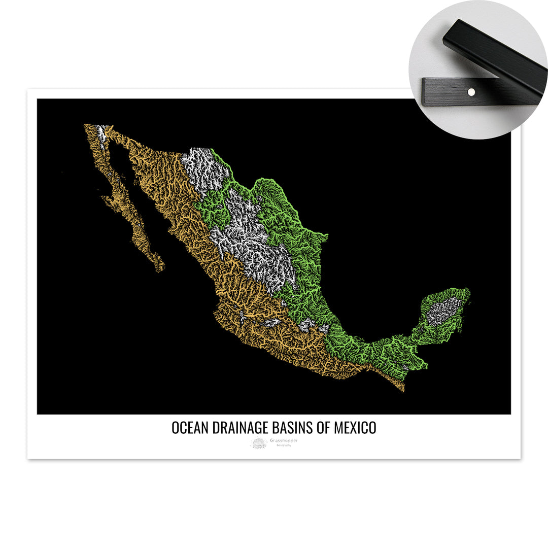 Mexico - Ocean drainage basin map, black v1 - Fine Art Print with Hanger