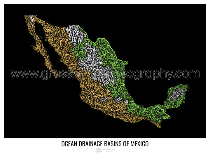 México - Mapa de la cuenca hidrográfica del océano, negro v1 - Impresión fotográfica