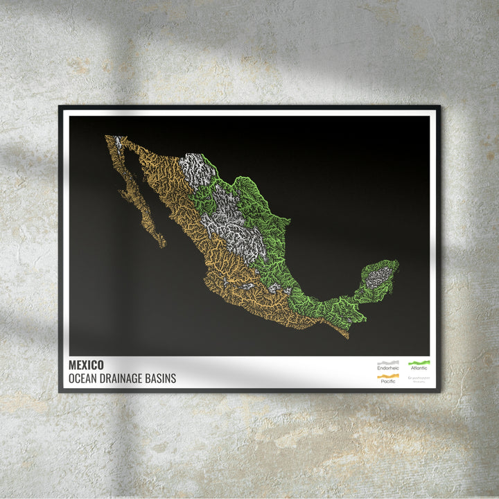 Mexico - Ocean drainage basin map, black with legend v1 - Photo Art Print