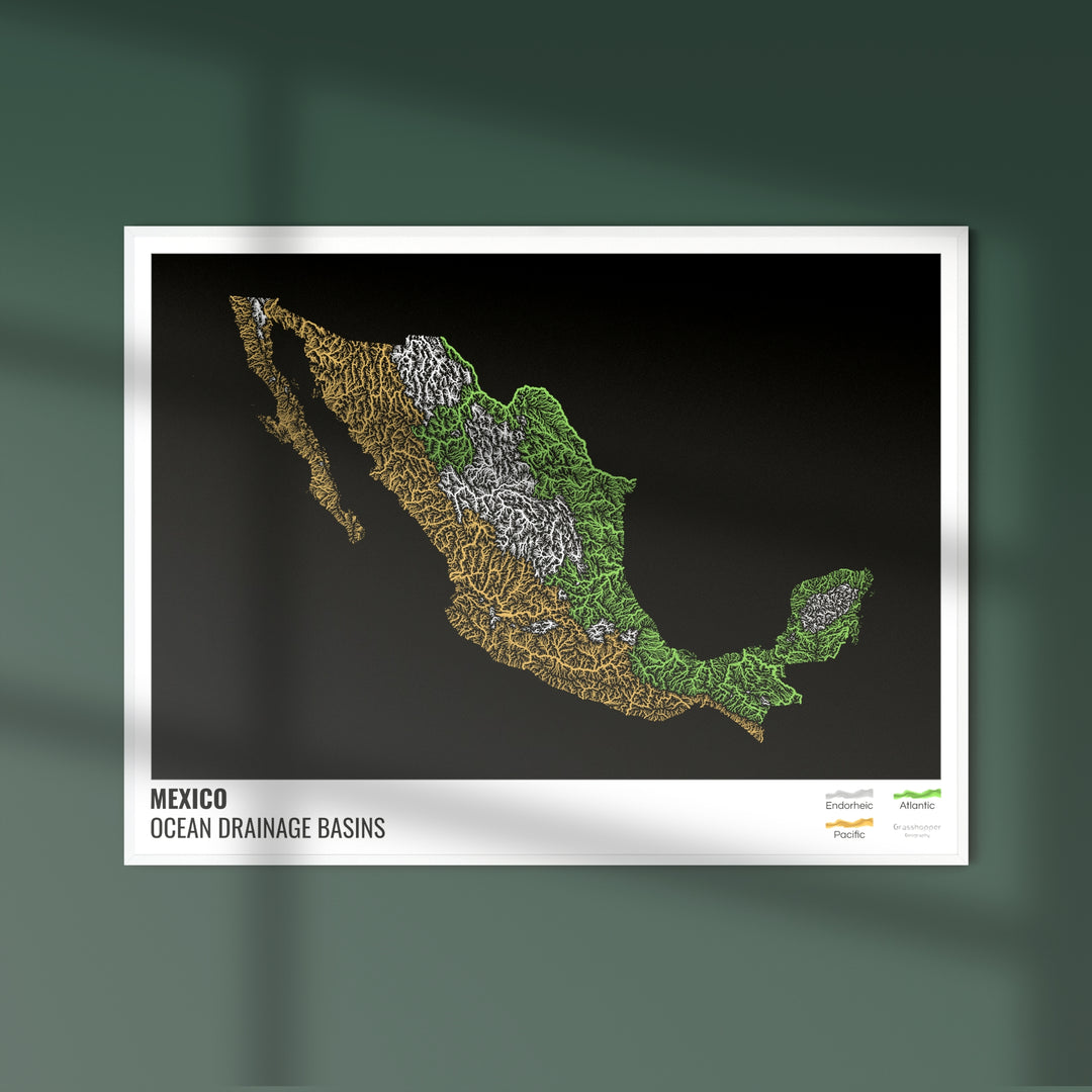 Mexico - Ocean drainage basin map, black with legend v1 - Fine Art Print