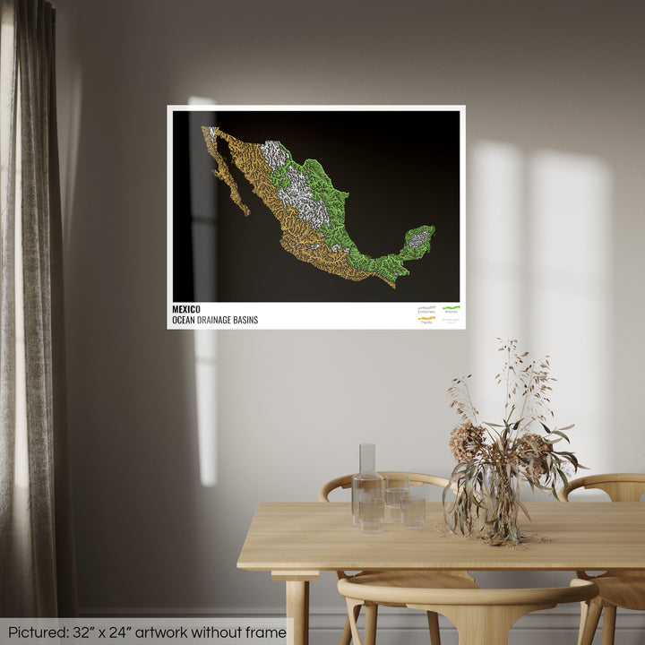 Mexico - Ocean drainage basin map, black with legend v1 - Photo Art Print