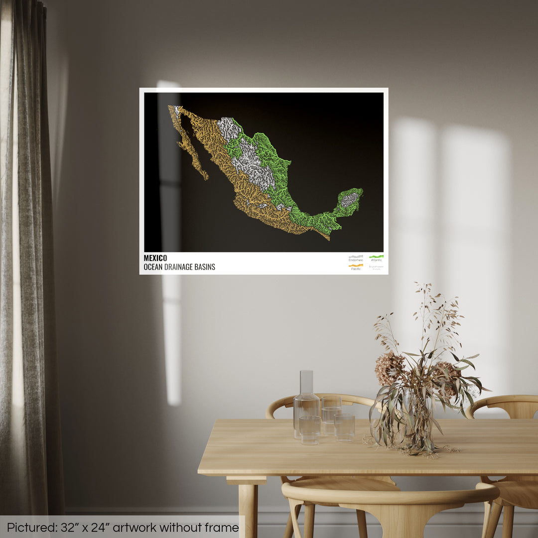 México - Mapa de la cuenca hidrográfica del océano, negro con leyenda v1 - Impresión fotográfica