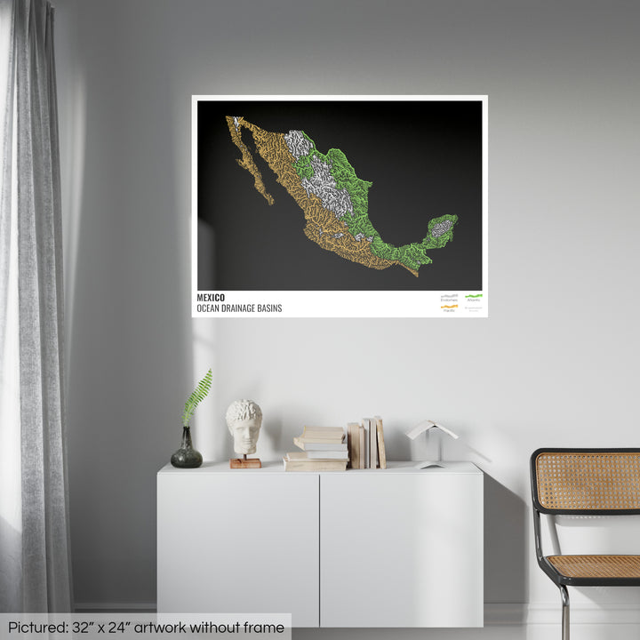 Mexico - Ocean drainage basin map, black with legend v1 - Fine Art Print